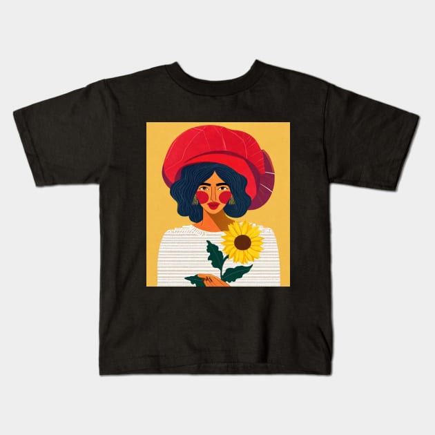 Contemplative Sunflower Muse Kids T-Shirt by The Maple Latte Shop